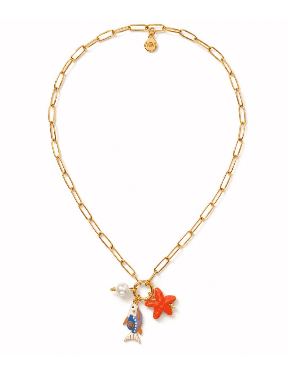 Gold Link Necklace with Orange Starfish, Pearl & Fish Charms by Mayamar